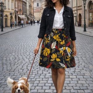 Ann Taylor Factory Blue A-Line Skirt with Yellow & Red Floral Print
